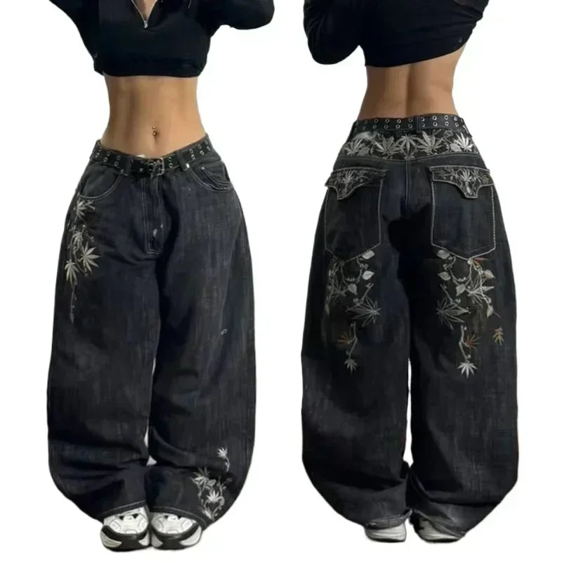 Y2K Hip-hop Stitching Fashion Joker Retro Jeans Female Korean Casual Simple Dress Essential Wide-leg Pants Loose  Joker Overalls