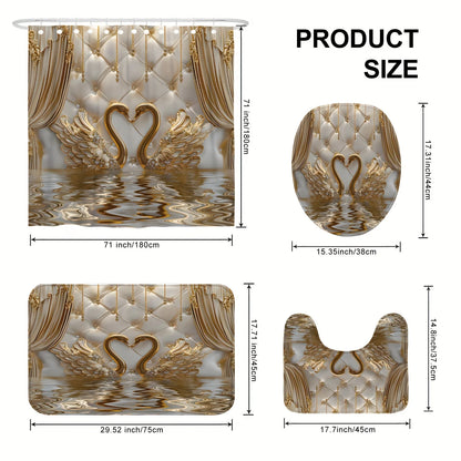 Luxury Gold Swan Bathroom Set 4PCS, Elegant Shower Curtain & Bath Mat Set with 3D Swan Design