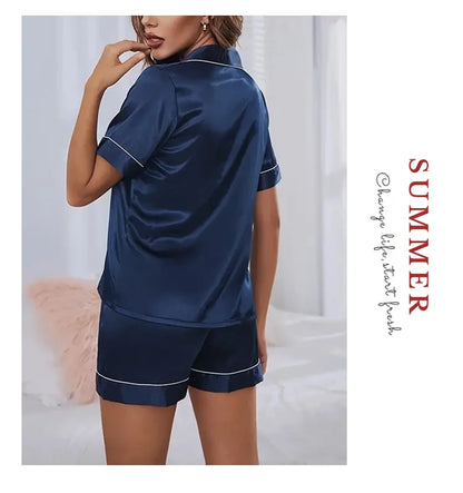 Women’s Satin Pajama Set Button-Down Sleepwear with Short Sleeve Top and Shorts, 2-Piece Summer Loungewear Nightwear Set