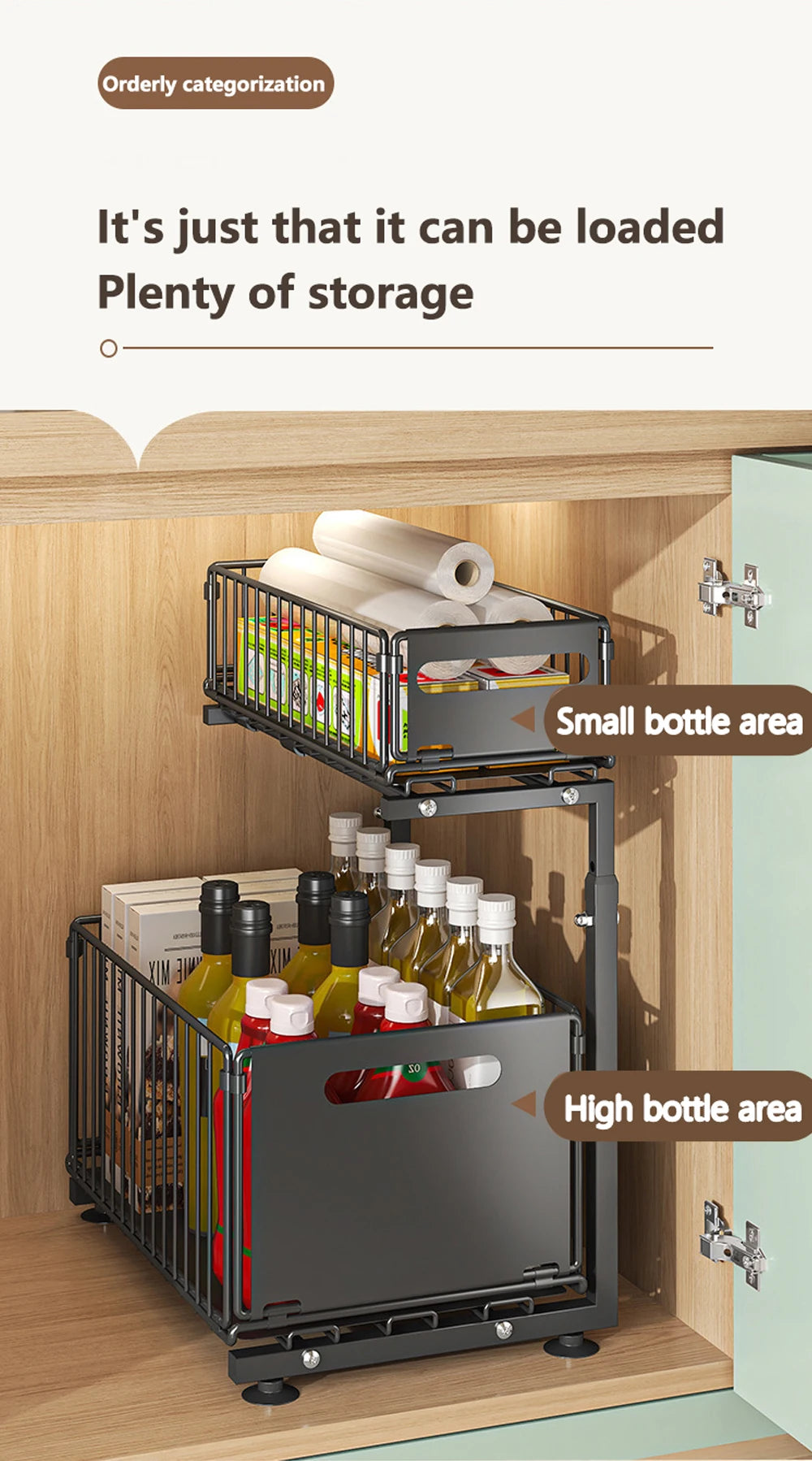 2-Tier Pull Out Cabinet Organizer, Adjustable Slide Out Kitchen Storage Rack for Under Sink & Spice Jar Organization