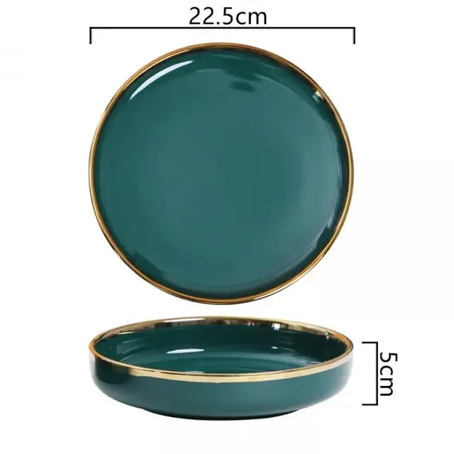 Luxury Green Ceramic Dinnerware Set with Gold Rim, Porcelain Plates & Bowls for Dessert, Salad & Soup