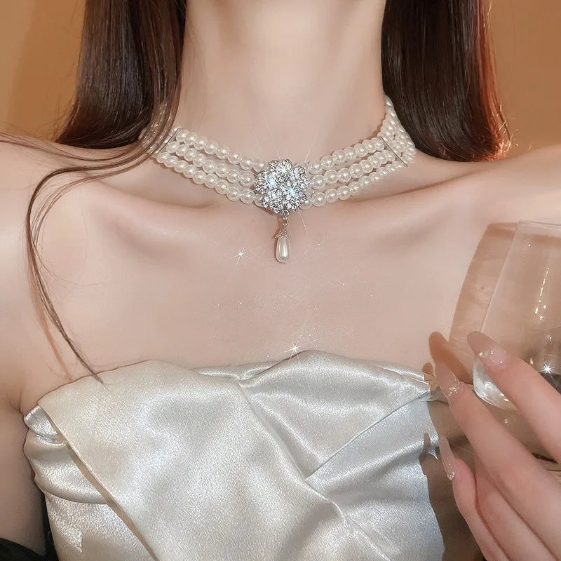 Flower Party Jewelry Set for Women with Imitation Pearl Multi-Layer Necklace, Rhinestone Bracelet and Earrings, French Luxury Shiny Accessory Set for Weddings and Events