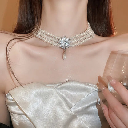 Flower Party Jewelry Set for Women with Imitation Pearl Multi-Layer Necklace, Rhinestone Bracelet and Earrings, French Luxury Shiny Accessory Set for Weddings and Events