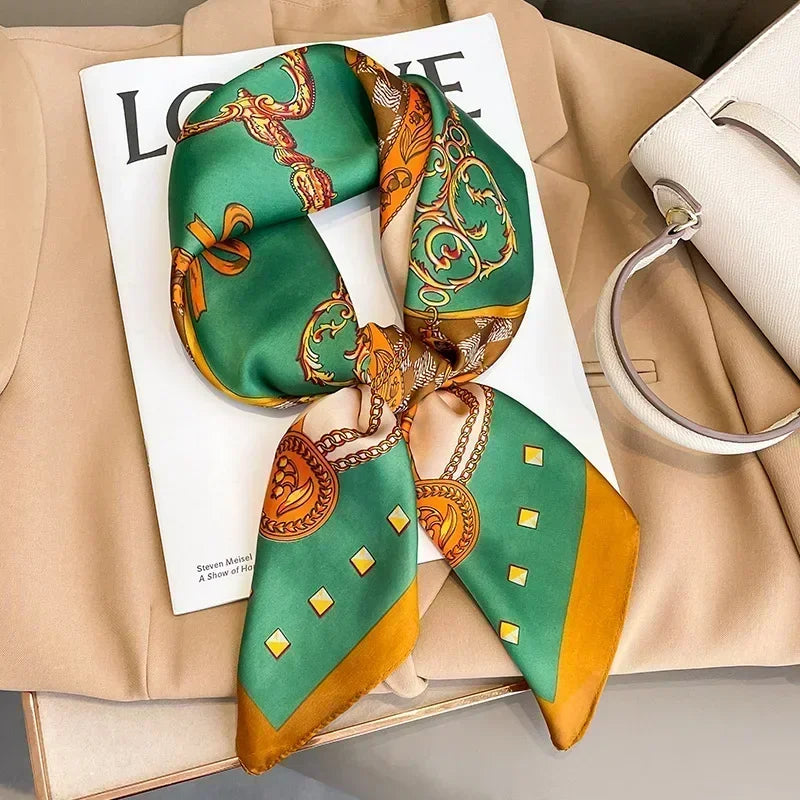 Luxury Printed Silk-Style Square Scarf for Women, Soft Satin Neckerchief Headband and Hair Ribbon, Fashion Hijab and Bag Accessory for Office and Daily Wear