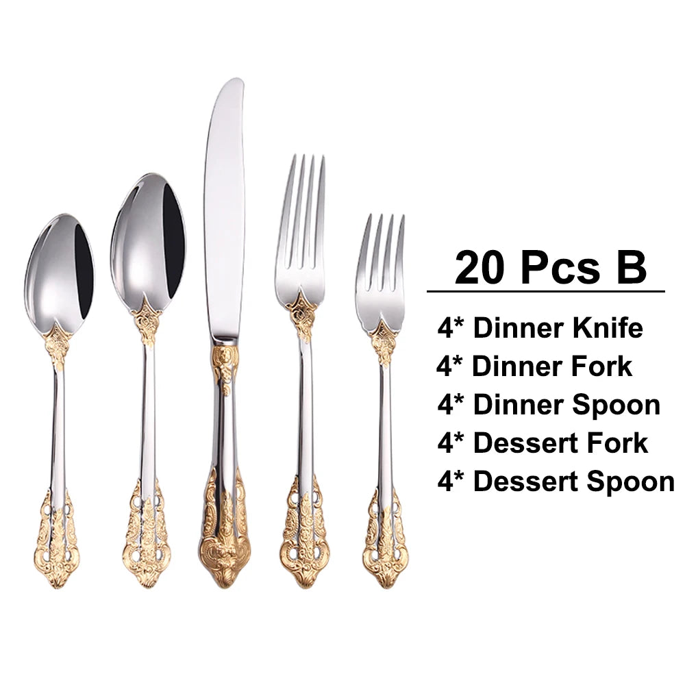 20/30PCS Luxury Gold & Silver Cutlery Set, Vintage Stainless Steel Flatware with Engraved Forks, Spoons & Knives