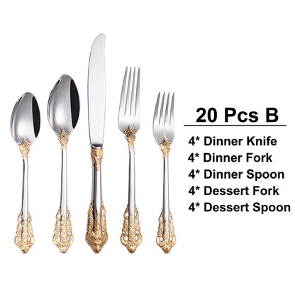 20/30PCS Luxury Gold & Silver Cutlery Set, Vintage Stainless Steel Flatware with Engraved Forks, Spoons & Knives