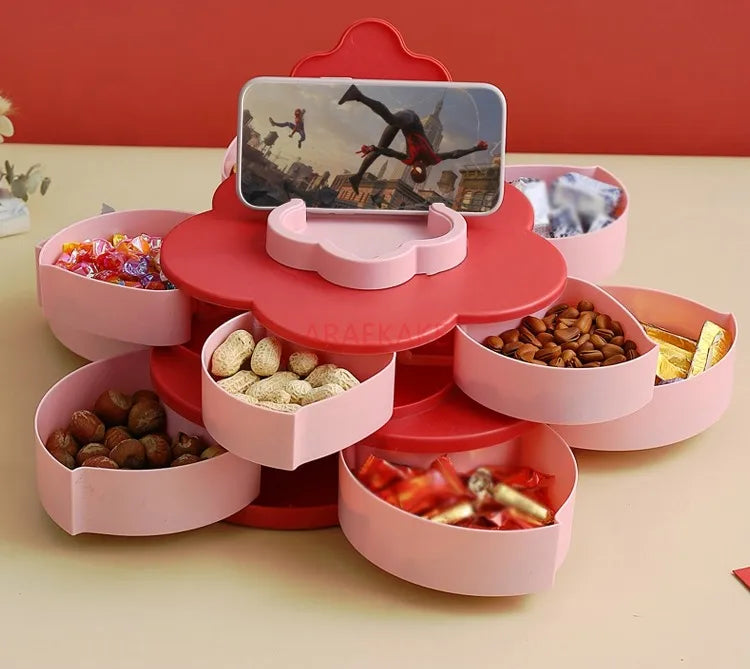 Multi layered petal rotating fruit tray with lid, multifunctional dry fruit and snack storage box for home living room