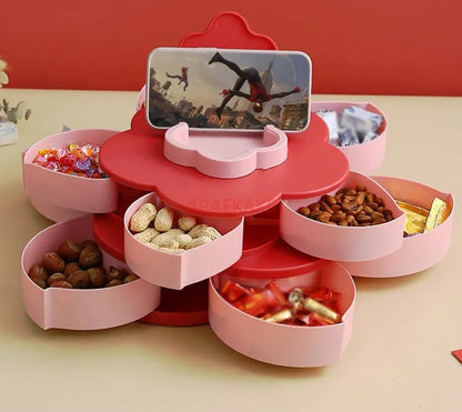 Multi layered petal rotating fruit tray with lid, multifunctional dry fruit and snack storage box for home living room