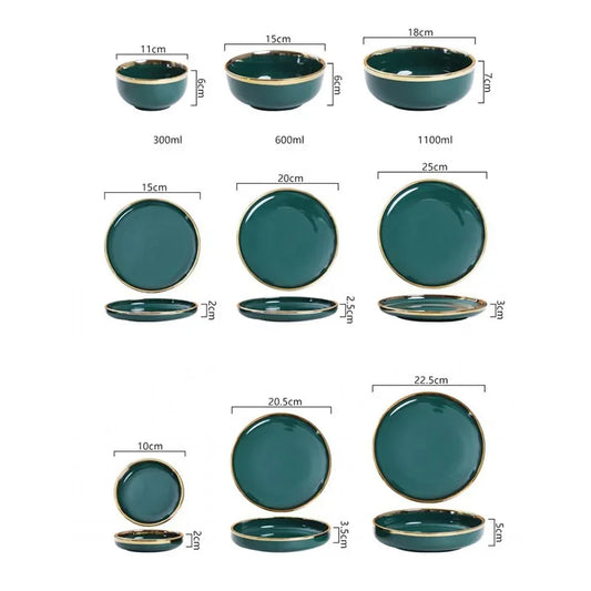 Luxury Green Ceramic Dinnerware Set with Gold Rim, Porcelain Plates & Bowls for Dessert, Salad & Soup