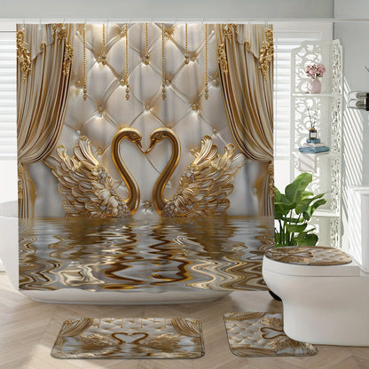 Luxury Gold Swan Bathroom Set 4PCS, Elegant Shower Curtain & Bath Mat Set with 3D Swan Design