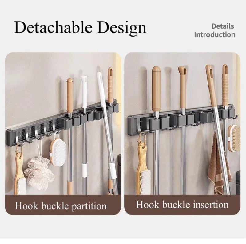 Aluminum Mop Holder Wall Mounted – Adjustable Broom & Mop Organizer Rack with Hooks and Strong Adhesive
