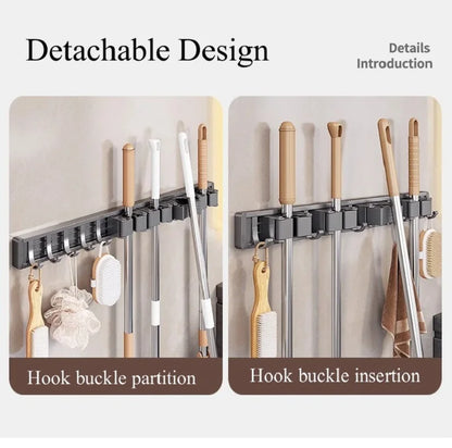Aluminum Mop Holder Wall Mounted – Adjustable Broom & Mop Organizer Rack with Hooks and Strong Adhesive