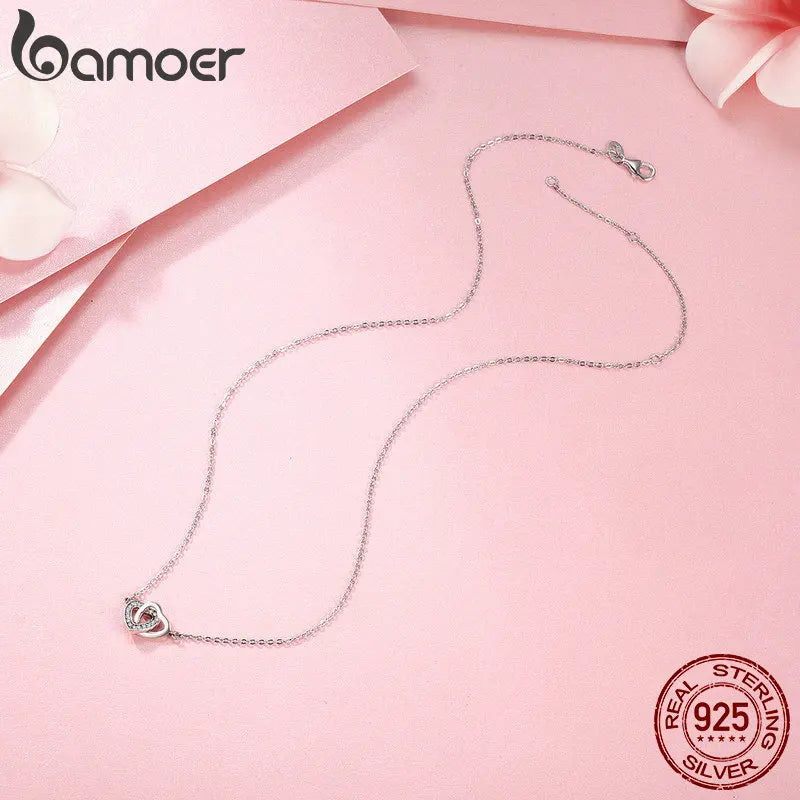 BAMOER 925 Sterling Silver Connected Heart Pendant Necklace with Zircon, Romantic Jewelry Gift for Women, Valentine’s Day and Anniversary Necklace
