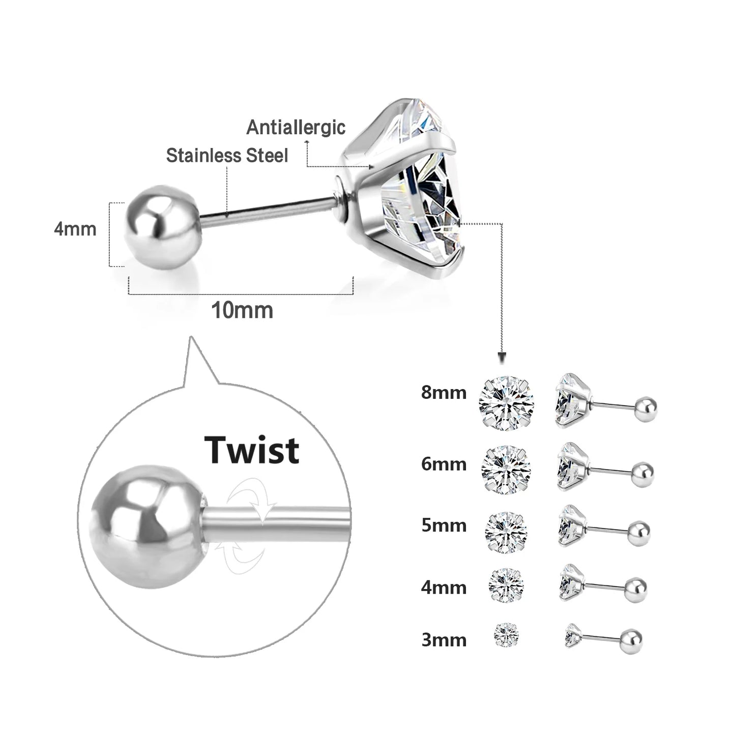LUXUSTEEL Stainless Steel Crystal Stud Earrings for Men and Women, Round Clear Cubic Zirconia 4-Prong Tragus and Lobe Jewelry, 1 Pair (2 Pieces)