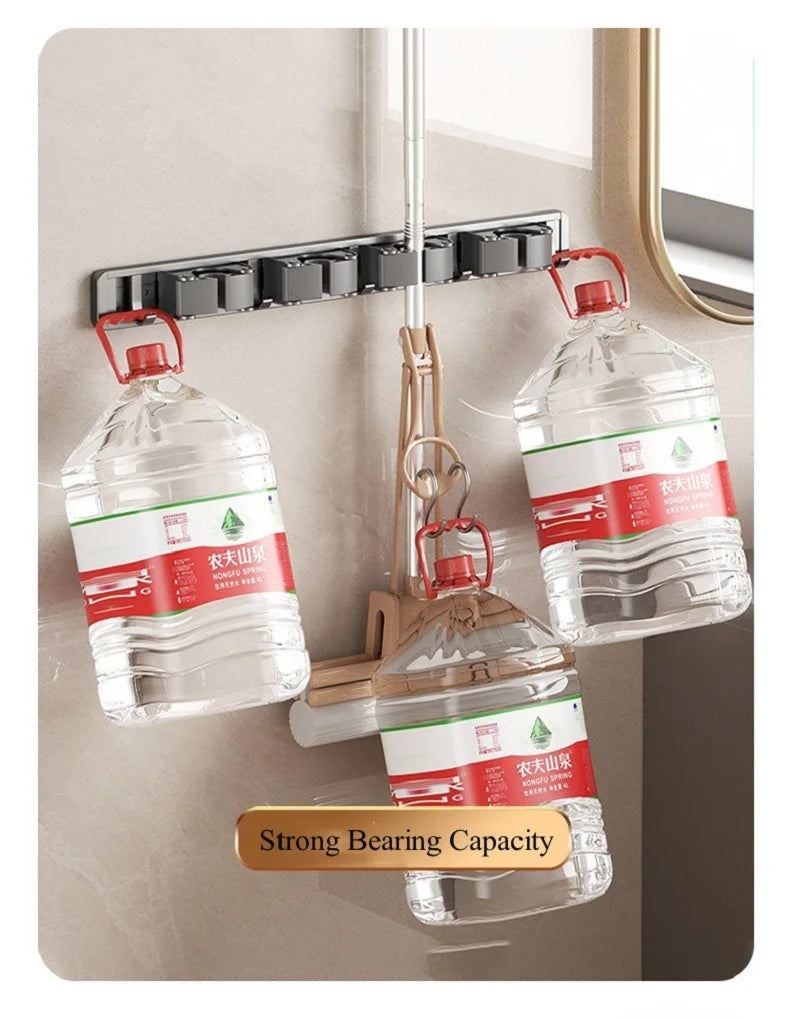 Aluminum Mop Holder Wall Mounted – Adjustable Broom & Mop Organizer Rack with Hooks and Strong Adhesive