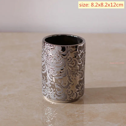 Silver Ceramic 5-Piece Bathroom Accessory Set, Soap Dispenser, Gargle Cup, Soap Dish & Toothbrush Holder Toiletry Set