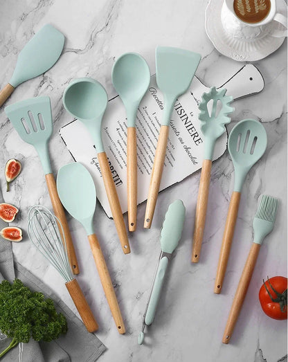 12Pcs Silicone Kitchen Utensil Set – Multi-Color Non-Stick Cooking Utensils with Wooden Handles Heat Resistant