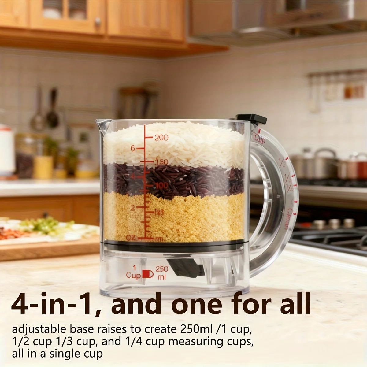 4-in-1 Adjustable Measuring Cup – Multifunctional Kitchen Measuring Cup with Scraper-Style Seal Base for Cooking and Baking