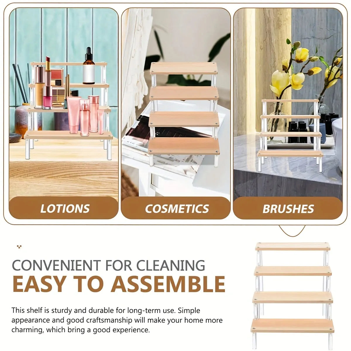 4-Tier Wooden Display Rack, Transparent Perfume & Cosmetics Organizer Shelf for Bathroom & Vanity