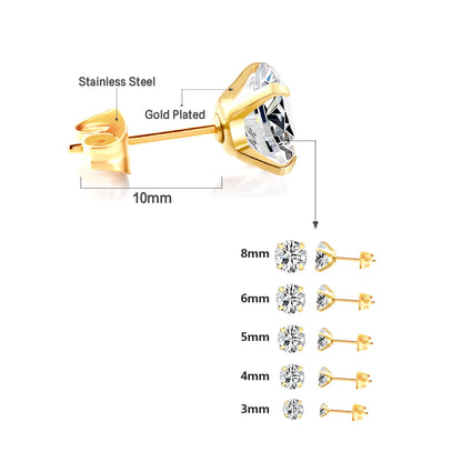 LUXUSTEEL Stainless Steel Crystal Stud Earrings for Men and Women, Round Clear Cubic Zirconia 4-Prong Tragus and Lobe Jewelry, 1 Pair (2 Pieces)