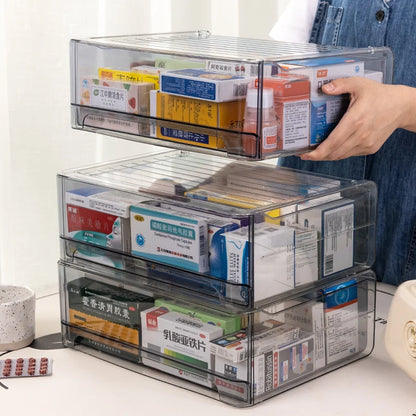 Stackable Acrylic Medicine Storage Box with Drawer, Large Capacity Clear Grey Medicine Organizer