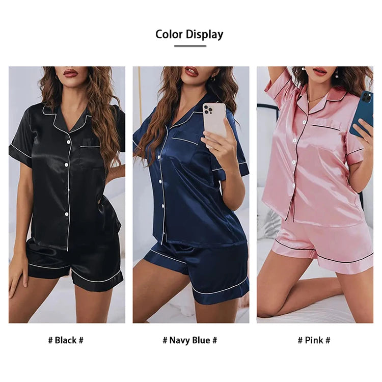 Women’s Satin Pajama Set Button-Down Sleepwear with Short Sleeve Top and Shorts, 2-Piece Summer Loungewear Nightwear Set