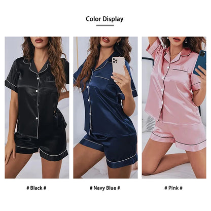 Women’s Satin Pajama Set Button-Down Sleepwear with Short Sleeve Top and Shorts, 2-Piece Summer Loungewear Nightwear Set