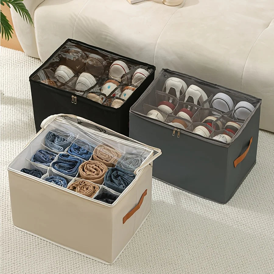 Foldable Shoe Organizer with Lid – Heavy-Duty Oxford Fabric Storage Box with Clear Front Panel