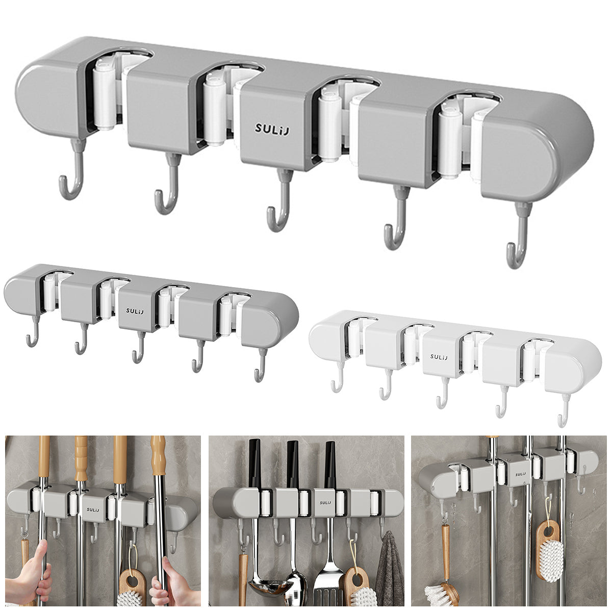 Wall Mounted Broom & Mop Holder with Hooks – No-Drill Self-Adhesive Storage Rack for Kitchen & Home