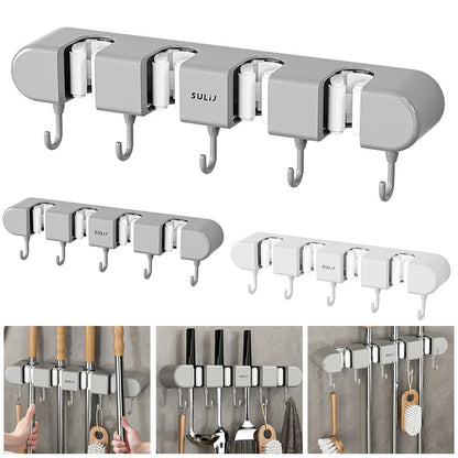Wall Mounted Broom & Mop Holder with Hooks – No-Drill Self-Adhesive Storage Rack for Kitchen & Home