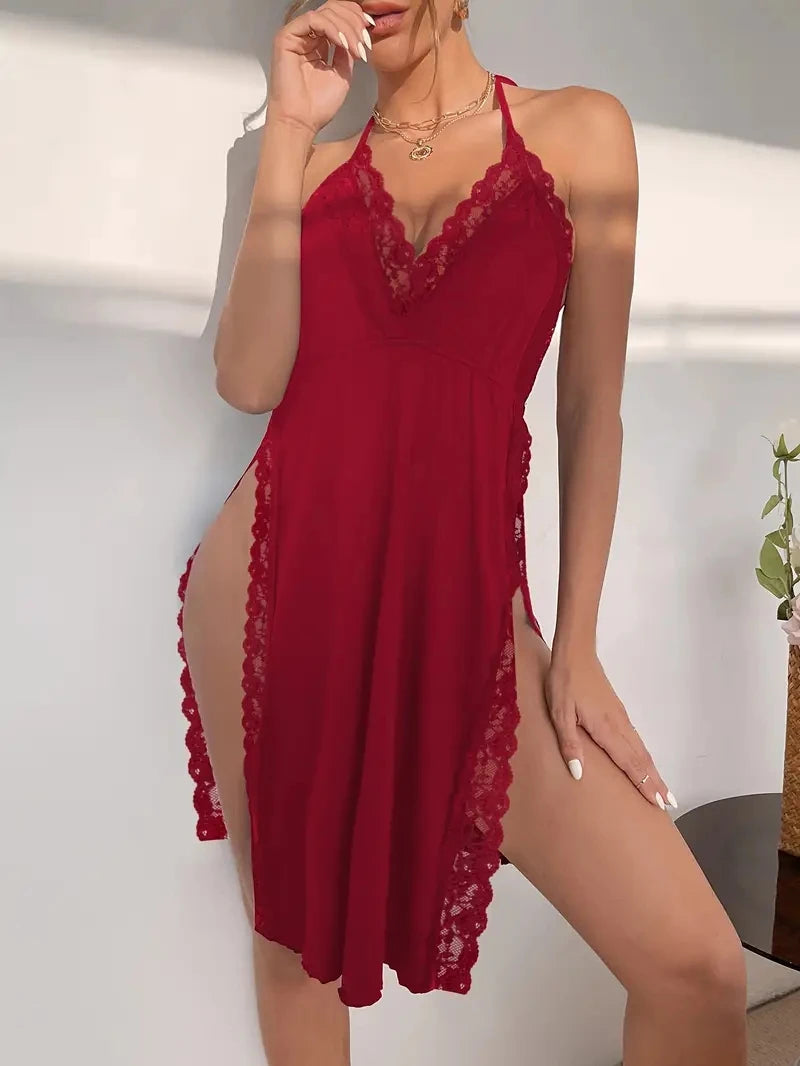 Women’s Sexy Lace Nightgown Deep V Halter Nightdress, Plus Size Loose Fit Sleepwear Lingerie for Comfortable Intimates and Loungewear