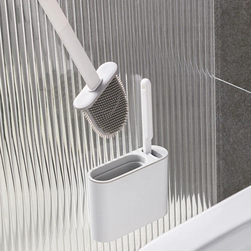 Wall Hanging Toilet Brush with Holder – Long Handled Silicone Toilet Brush with Soft Bristles WC Cleaning Brush Bathroom Accessory