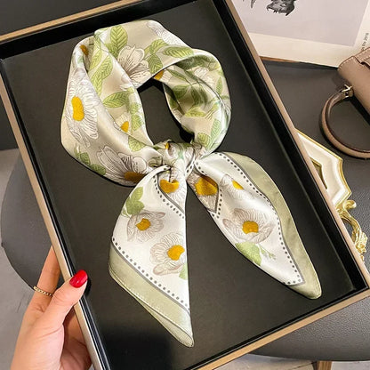 Luxury Printed Silk-Style Square Scarf for Women, Soft Satin Neckerchief Headband and Hair Ribbon, Fashion Hijab and Bag Accessory for Office and Daily Wear