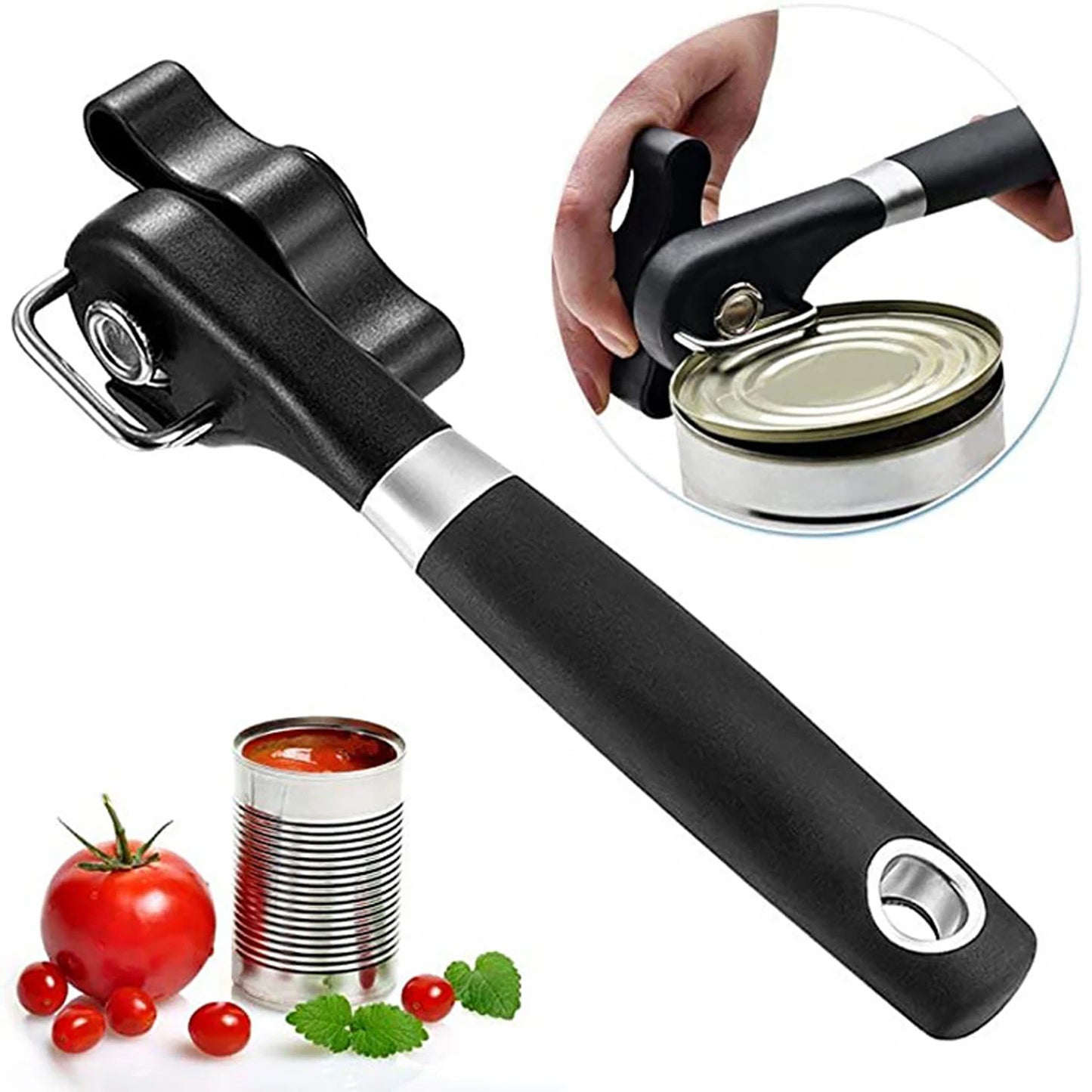 Plastic Hand-Actuated Can Opener – Safety Side-Cut Manual Can Opener with Easy Grip Handle