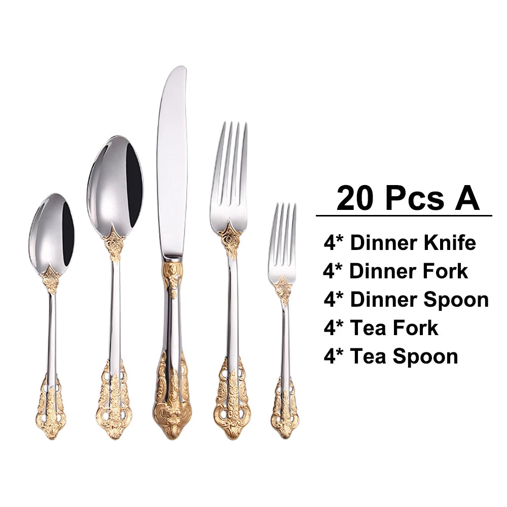 20/30PCS Luxury Gold & Silver Cutlery Set, Vintage Stainless Steel Flatware with Engraved Forks, Spoons & Knives