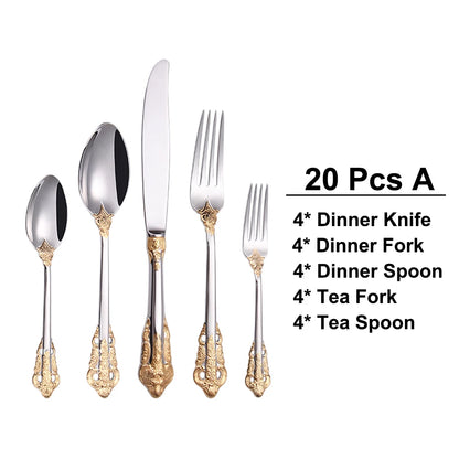 20/30PCS Luxury Gold & Silver Cutlery Set, Vintage Stainless Steel Flatware with Engraved Forks, Spoons & Knives