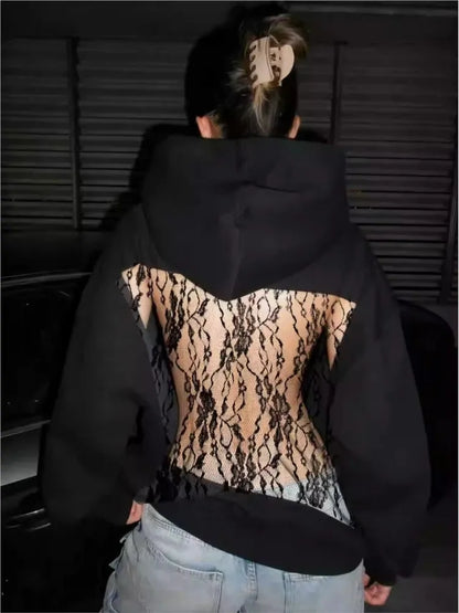Streetwear Fashion Hoodie Woman's Sexy Solid See Through Backless Sweatshirt Autumn Winter Ladies Lace Splicing Fleece Pullover