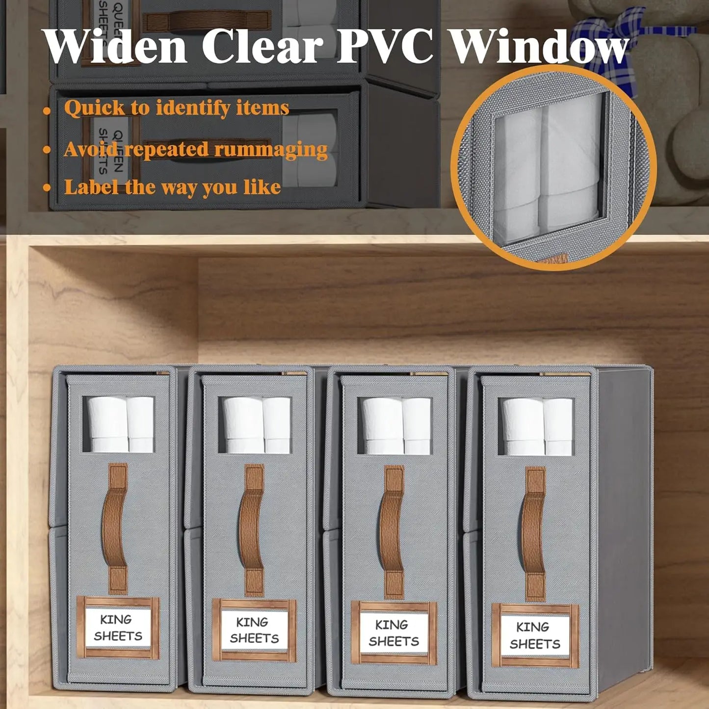 Foldable Bed Sheets Set Organizer, Linen Fabric Closet Storage Box with Window for Bedding & Pillows