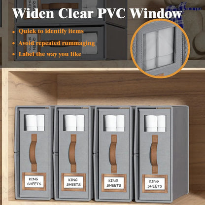 Foldable Bed Sheets Set Organizer, Linen Fabric Closet Storage Box with Window for Bedding & Pillows