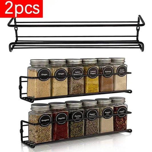 2Pcs Metal Kitchen Organizer Hanging Racks, Wall-Mounted Seasoning Shelf Spice Storage Rack for Home & Restaurant