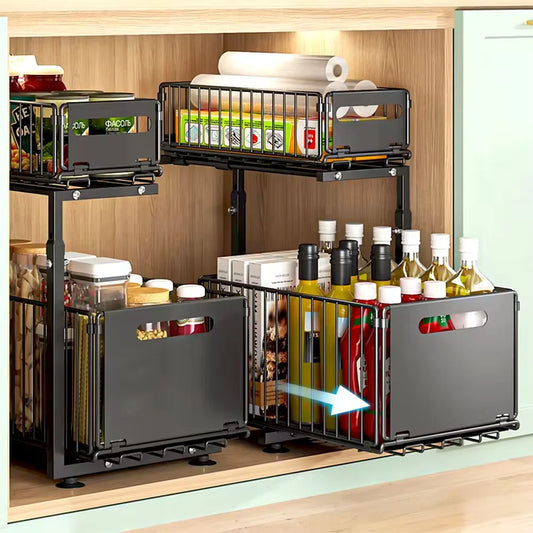 2-Tier Pull Out Cabinet Organizer, Adjustable Slide Out Kitchen Storage Rack for Under Sink & Spice Jar Organization