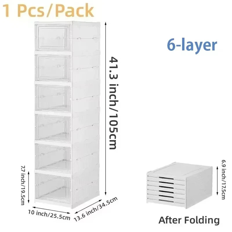 Foldable Shoe Storage Box with Transparent Door, 3/6-Layer Stackable Sneaker Organizer Cabinet