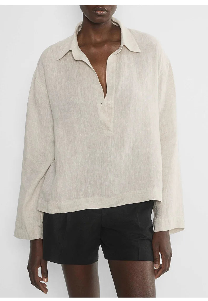 Women’s 100% Linen Half-Button V-Neck Shirt, Long Sleeve Turn-Down Collar Casual Retro Blouse for Spring and Daily Wear