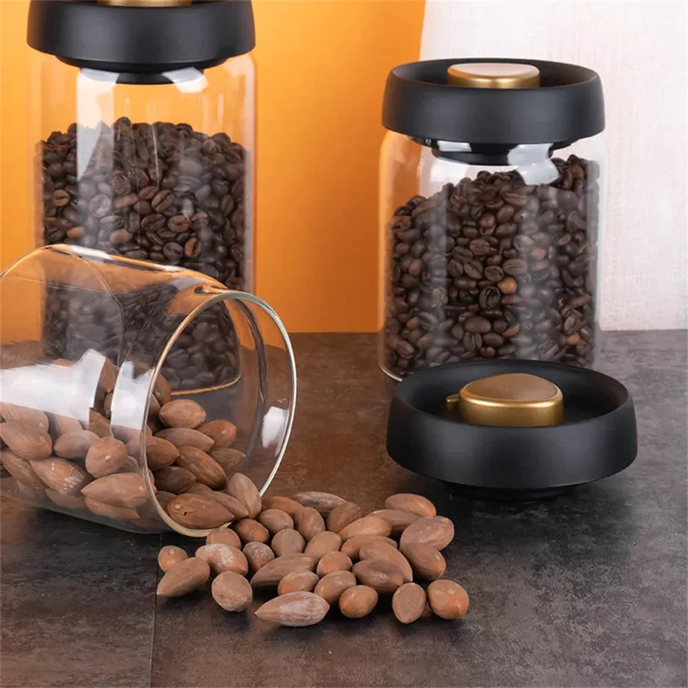 Coffee Beans Vacuum Sealed Tank – Transparent Glass Airtight Food Storage Jar with Air Extraction