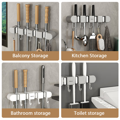 Wall Mounted Broom & Mop Holder with Hooks – No-Drill Self-Adhesive Storage Rack for Kitchen & Home