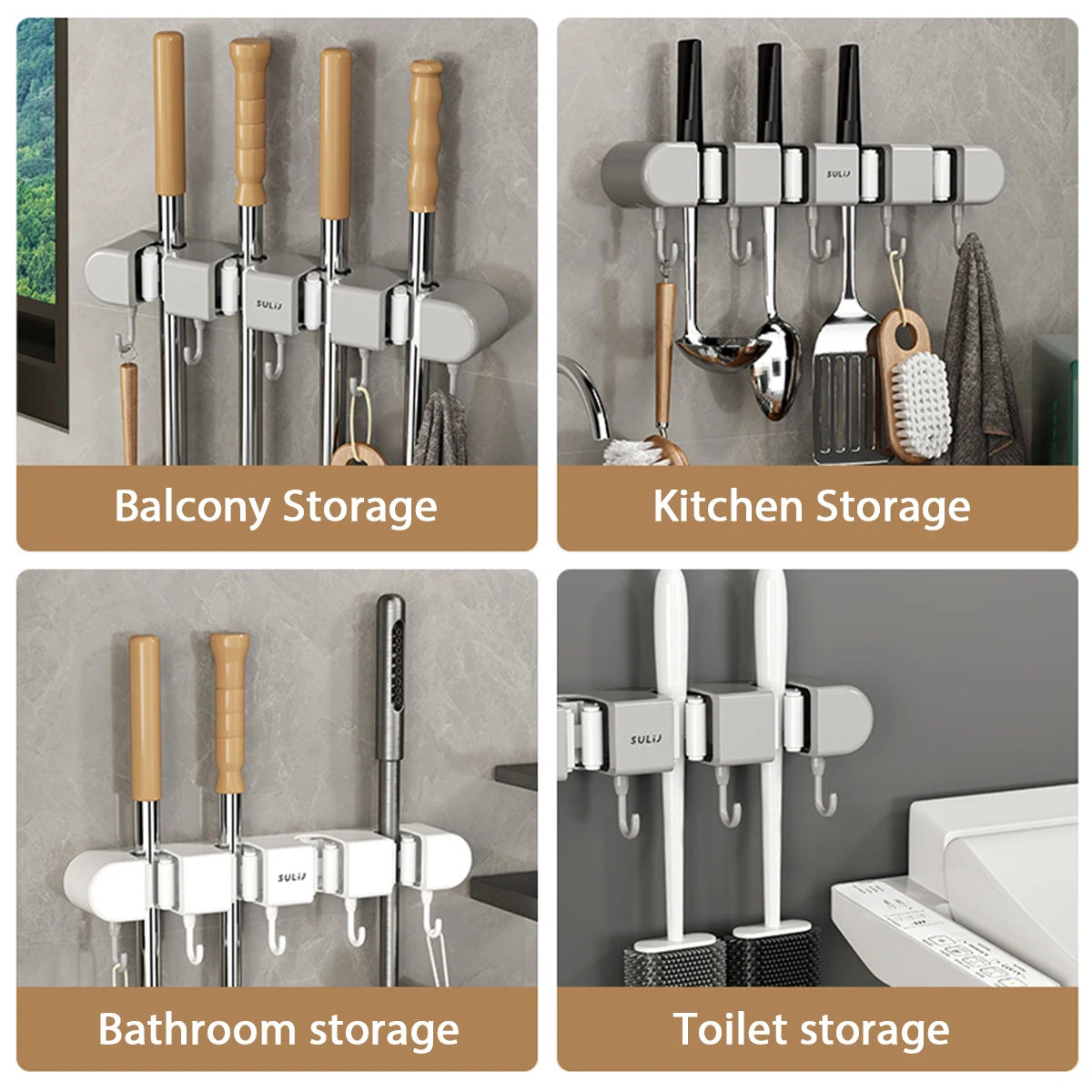 Wall Mounted Broom & Mop Holder with Hooks – No-Drill Self-Adhesive Storage Rack for Kitchen & Home