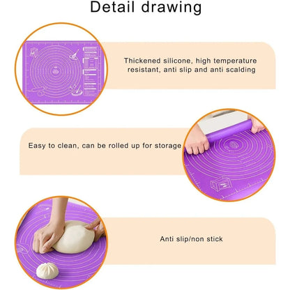 Non-Slip Silicone Baking Mat with Measurement Guide, Reusable Non-Stick Kneading & Rolling Mat for Baking and Cooking