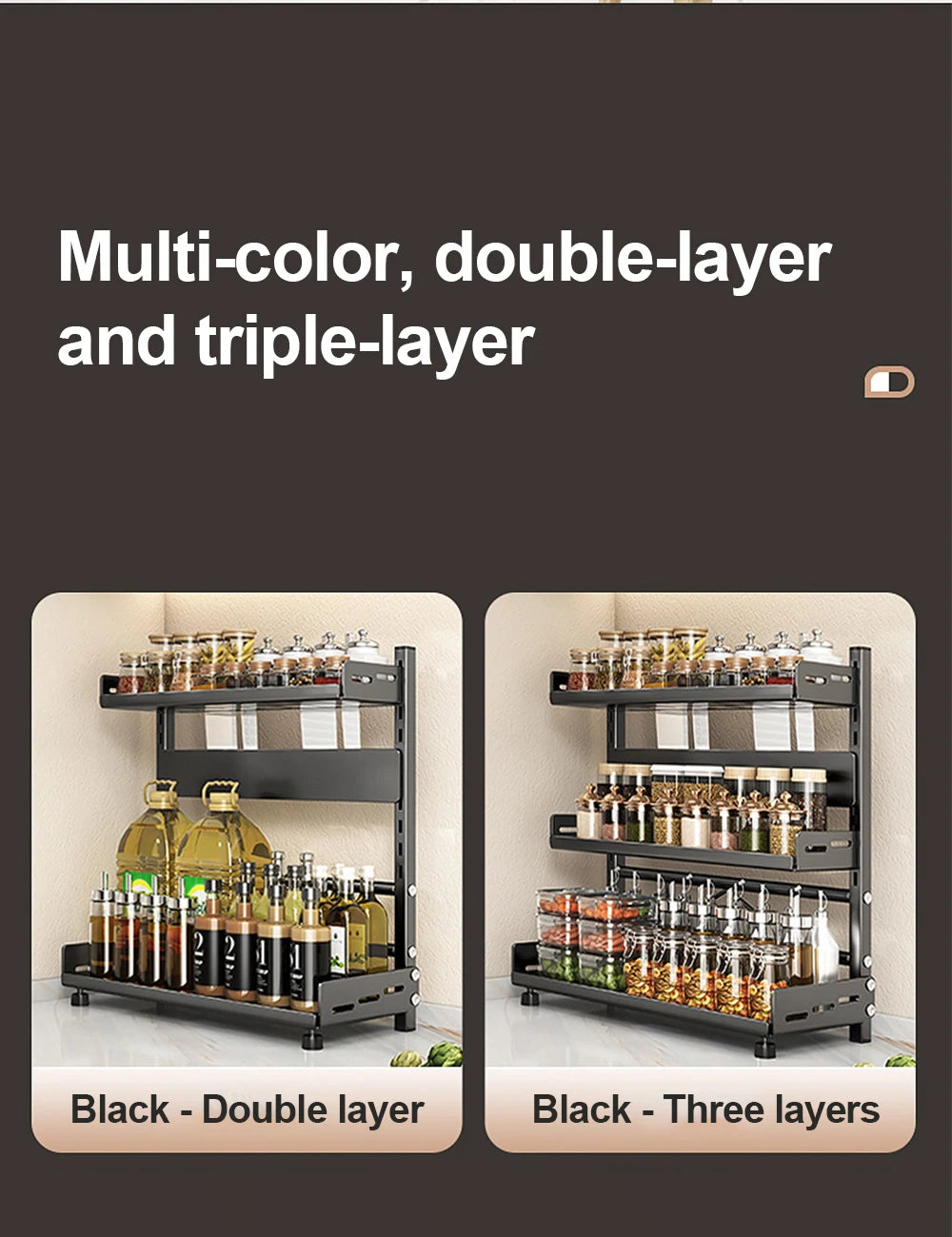 3-Tier Spice Storage Rack for Countertop, Adjustable Metal Kitchen Organizer Shelf for Cabinet & Pantry – Black