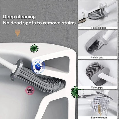 Wall Hanging Toilet Brush with Holder – Long Handled Silicone Toilet Brush with Soft Bristles WC Cleaning Brush Bathroom Accessory