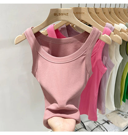Women’s Ribbed Cotton Tank Top Solid Color Round Neck Camisole, High Stretch Summer Basic O-Neck Sleeveless Casual Top